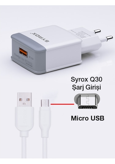 Syrox Q30 Microusb Girişli 3.0 Amper Hızlı Şarj Aleti (Beyaz) (343260010)