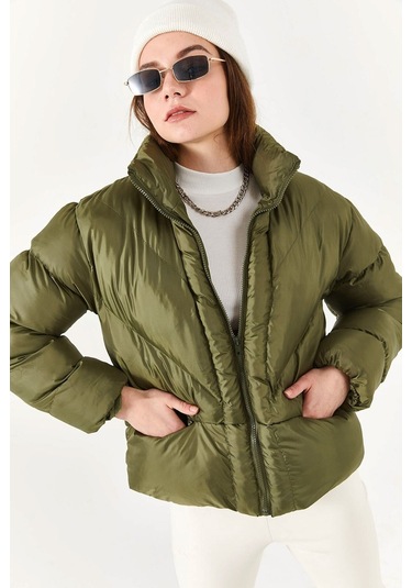 Alisse-kadın Haki Dik Yaka Kısa Şişme Mont Haki