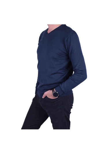 Erkek V Yaka Triko Kazak Lacivert Regular Fit Pamuklu, Ot-Kzk-200 Lacivert
