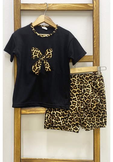 Kız Çocuk Şort Etek Takım Leopar Baskılı Fırfırlı B1 Siyah