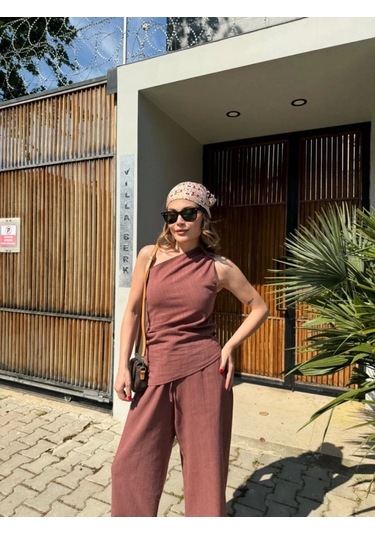 Keten Asimetrik Tek Omuzlu Bluz Pantalon Takım- Bordo Bordo