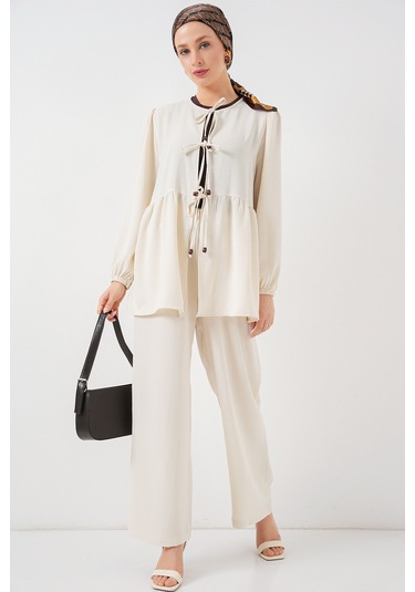 Kadın Önü Bağcıklı Tunik Pantolon İkili Takım 6744 - Ekru ekru Kadın Önü Bağcıklı Tunik Pantolon İkili Takım 6744 - Ekru ekru