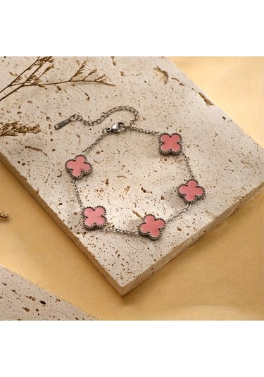 Çelik Bileklik Dört Yapraklı Küçük Yonca Pembe Sedef Taşlı Uzunluk 18 Cm Gümüş Gümüş