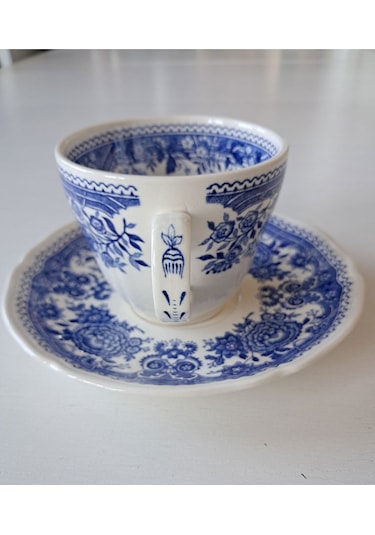 Vintage Burgenland Çiçek Desenli Antika Çay Fincanı Seti Mavi Mavi