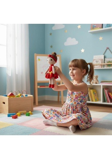 Kırmızı Elbiseli El İşi Amigurumi Oyuncak Kız Bebek Kırmızı