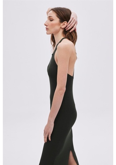 Yeşil Sırt Dekolteli Midi Triko Elbise-yeşil