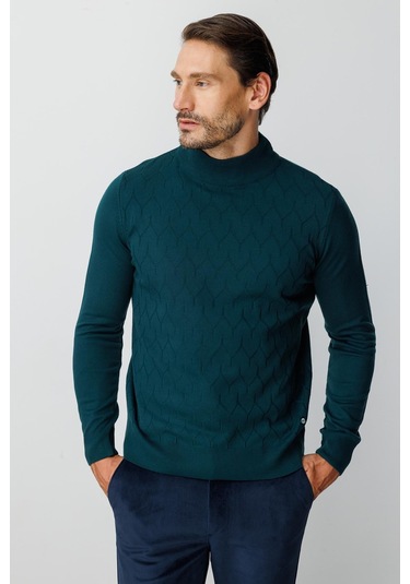 Petrol Standart Fit Dar Kalıp Yarım Balıkçı Düz Uzun Kollu Triko-10088 Yeşil