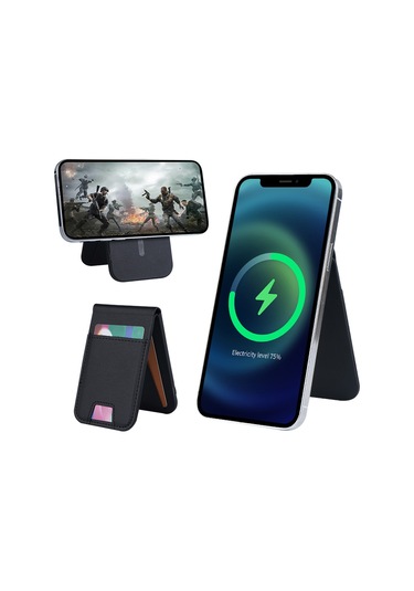 Fld-f5 3'ü 1 Arada Manyetik Kablosuz Şarj Cihazı Katlanabilir Kart Çantası Cep Telefonu Tutucu Siyah