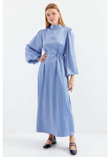 Bigdart 2510 Saten Tesettür Abiye Elbise - İndigo 001