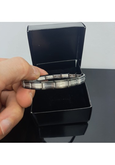 Çelik Bileklik İnce İtalyan Charm Model Unisex Erkek Kadın 3 Mm 18 Cm Ortası Gümüş Kenarı Siyah Çok Renkli
