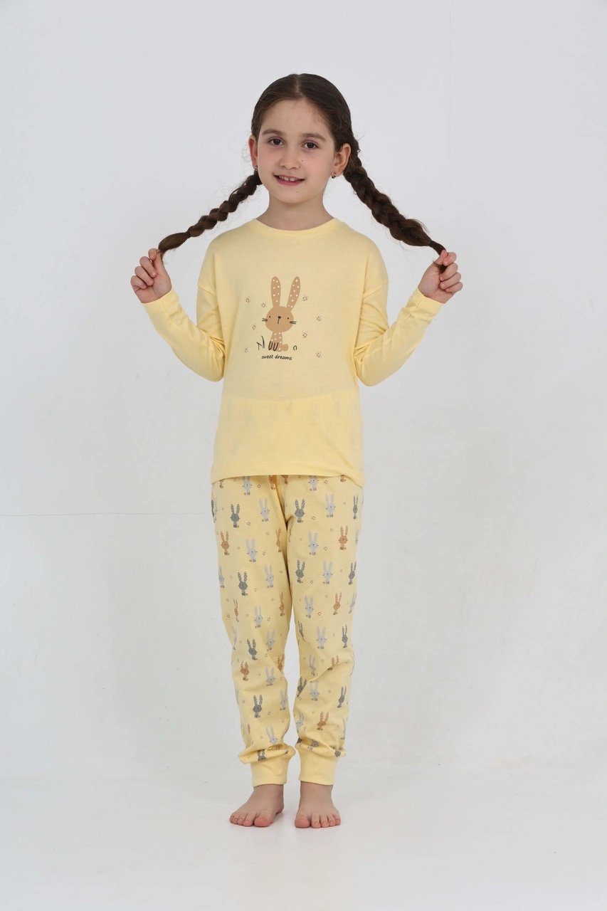 Toontoy Kız Çocuk Tavşan Baskılı Pijama Takım Sarı