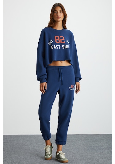 Gloryy Kadın Comfort Fit Baskı Detaylı Lastikli Paça Organik Pamuklu Lacivert Eşofman Takımı