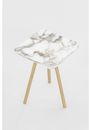 İntergo Kare Tasarımlı Ahşap Ayaklı Tekli Zigon Sehpa Beyaz Mermer