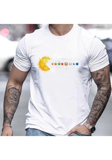 Guılan Erkek Gezegen Baskılı Pamuk Tişört - Yazlık Rahat Gündelik Üstwhıte WHITE