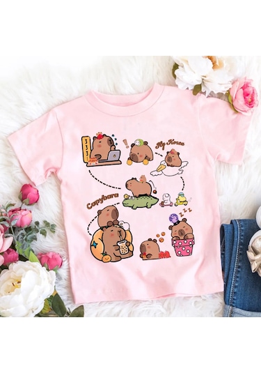 Snapbuy Kapibara Baskılı Çocuk T-shirti 3-10 Yaş Kısa Kollu Yuvarlak Yaka Doğum Günü Hediyesikoyu Grierkek Koyu Gri