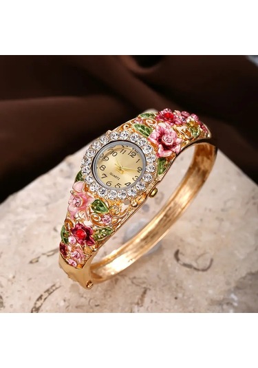 Bayan Kore Stili Moda 3d Çiçek Taşlı Süsleme Takı Saat Kombini Altın