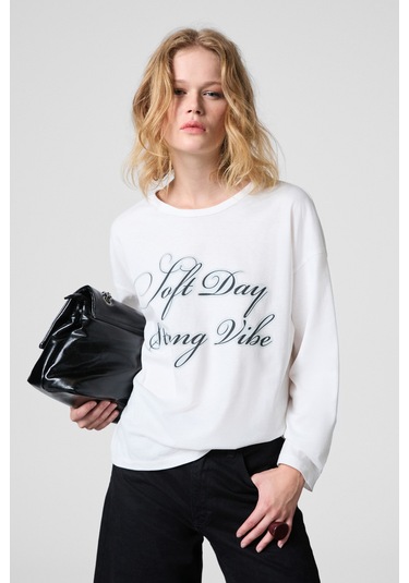 Grımelange Dazulu Kadın Yumuşak Kumaşlı Baskılı Uzun Kollu Beyaz T-shirt Beyaz