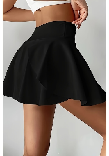 Merry See Esnek Likralı Bol Kesim Cepli Taytlı Sporcu Şort Etek - Tenis Eteği Siyah