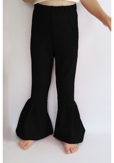 Kız Çocuk Siyah İspanyol Paça Yüksek Bel Lastikli Tayt Pantolon Alt-0004.2 Siyah