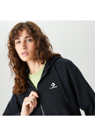 Converse Go-to Embroidered Star Chevron Unisex Siyah Kapüşonlu Eşofman Üstü Düz 10023871 Siyah