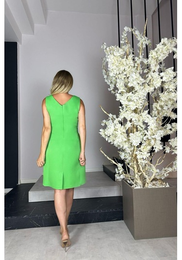 G1071 V Yaka Basic Elbise Yeşil-yeşil