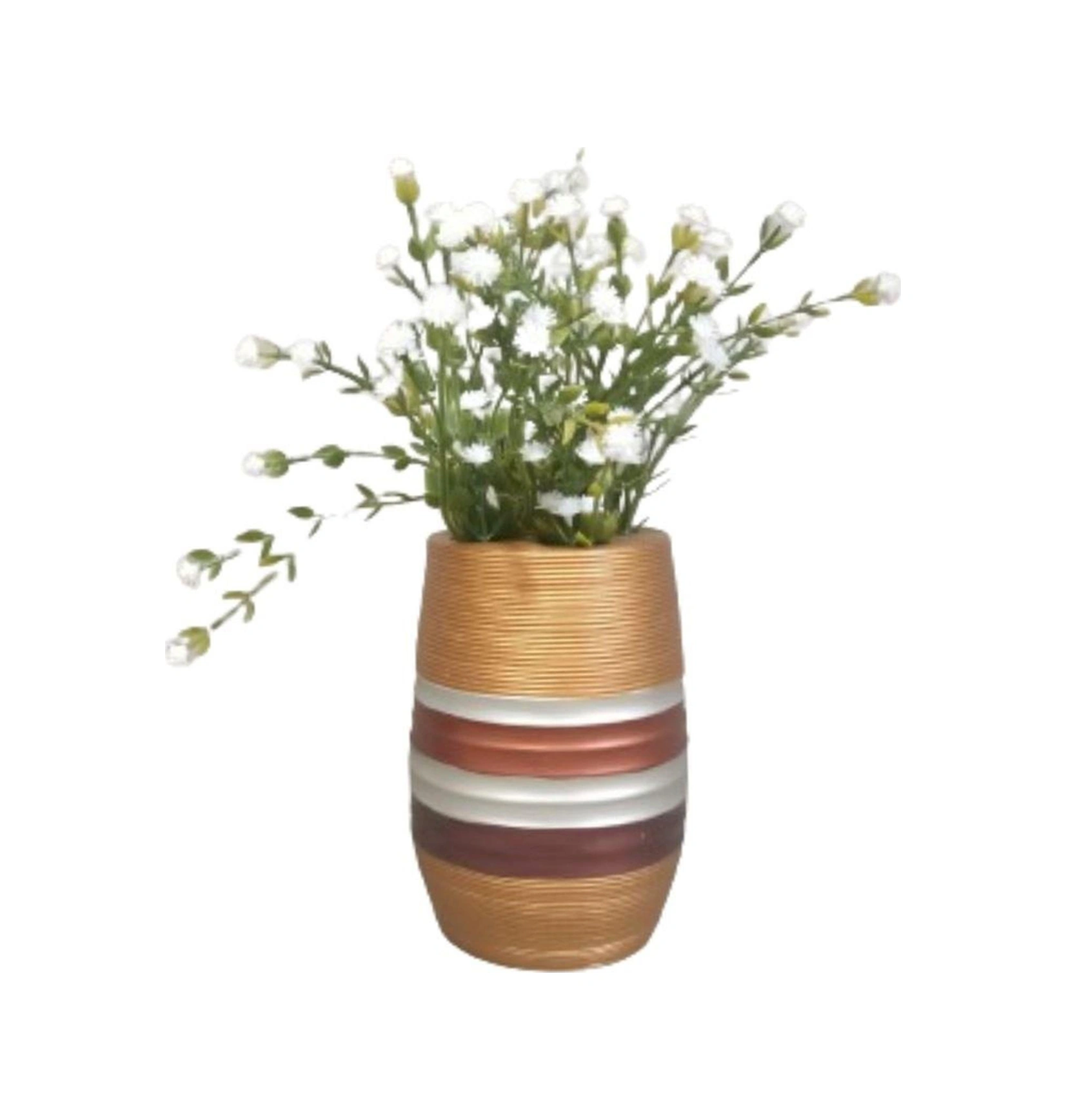 2 Adet Vazo Dahil,vazoda Çiçek,beyaz Yapay Çiçek,vazo Dekoratif Metalik Kahve Poliresin 6x6x17cm Çok Renkli