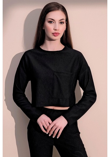 Kadın Siyah Kendinden Dokulu Cepli Crop Sweatshirt, Salaş Kesim Siyah