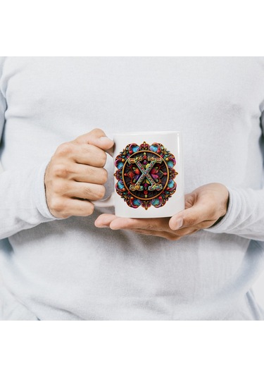 X Harfi Boho Bardak, Renkli Özel Tasarım Hediyelik Harfli Kupa, 330ml Porselen Beyaz