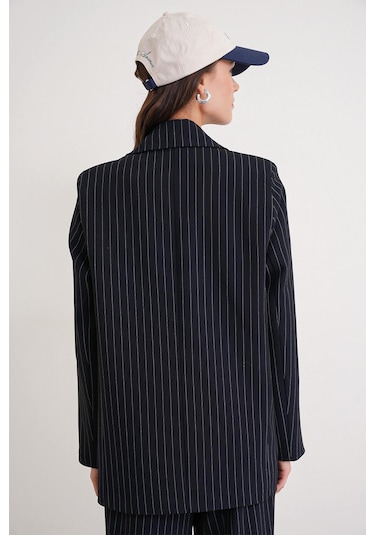 4753 Kadın Çizgili Oversize Blazer Ceket Lacivert Lacivert