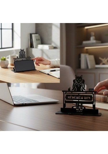 Müdürüm Ben Yazılı Kedi Figürlü Metal Masaüstü Dekor