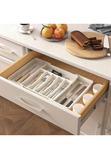 Pazly Genişletilebilir Gri Çatal Bıçak Takımı Kutusu Çekmece Düzenleyici Gri