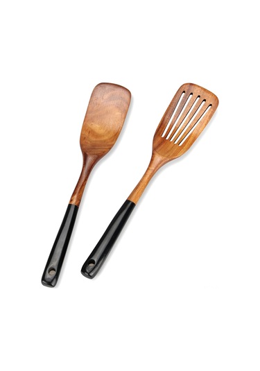 Kangvka 2 Parça Sağlıklı Ahşap Mutfak Spatula Seti - Yuvarlanabilir Ve Delikli, Teflon Tencere Uyumlu, Dayanıklı Ahşap Kürdan Siyah