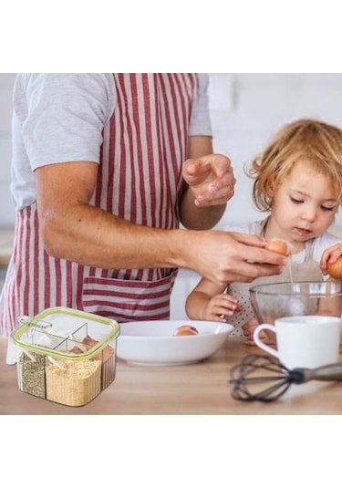 Pazly Yeşil 4 Bölmeli Baharat Çeşniler Kutusu, Fonksiyonel Saklama, Şeffaf Kapak, Kaşık Kabı İle Yeşil