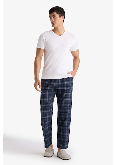 Defacto Regular Fit Beli Bağcıklı Cepli Uzun Boy Kareli Pijama Altı C6118ax25wnın247 İndigo