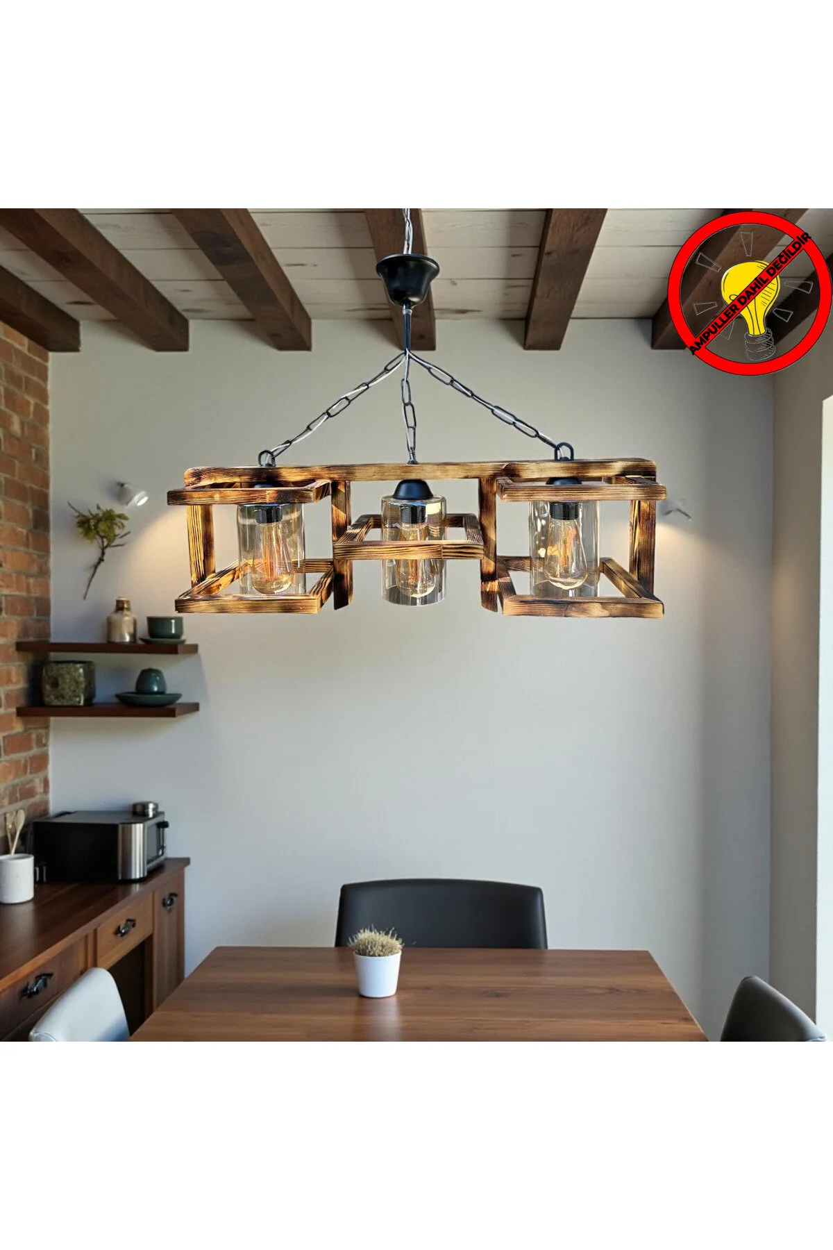 Dekoratif Ahşap Tasarım Üçlü Avize Ahşap