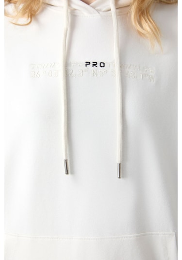 Tommy Life Ekru Kapüşonlu Kanguru Cep Oversize Lastik Paça Kadın Eşofman Takımı - 95288 Ekru