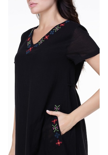 Kısa Kol Şile Bezi Mehtap Midi Boy Nakış Detaylı Elbise Siyah Syh-siyah Siyah