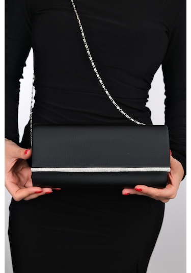 Marıa Siyah Saten Gümüş Taşlı Kadın Abiye Çanta Siyah