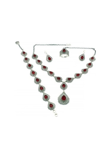 Kök Yakut Taşlı Telkari Gümüş Takım Kolye Bileklik Küpe Üçlü Seti