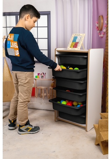Beyaz Mdf Montessori Oyuncak Dolabı 6 Siyah Plastik Çekmeceli Siyah