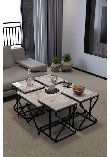 Orta Sehpa Ve Zigon Sehpa V Lüx 5'li Set Efes Bej