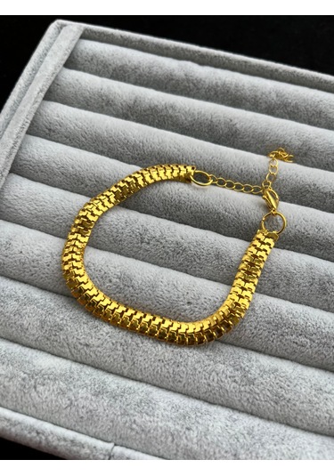 Gold Yassı Tırtıl Birbirine Geçmeli Model Erkek Künye Bileklik Altın