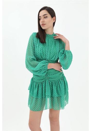 Büzgülü Puantiyeli Şifon Elbise - Yeşil-yeşil