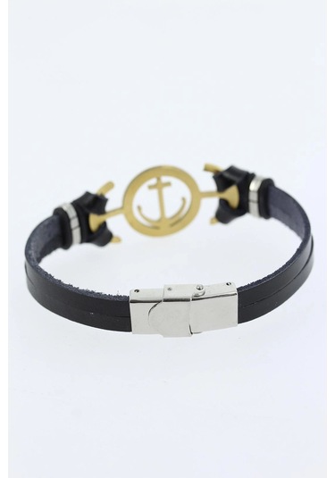 Dodes Dodes Gold Renk Deniz Çapası Figürlü Metal Aksesuarlı Siyah Renk Deri Erkek Bileklik Tg27eb133 Çok Renkli