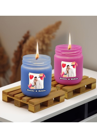 Bk Gift Kişiye Özel Dtf İsimli Fotoğraflı 2 Li Mavi Ve Pembe Renkli Cam Kavanozda Kokulu Mum-1, Arkadaşa Hediye, Sevgiliye Hediye