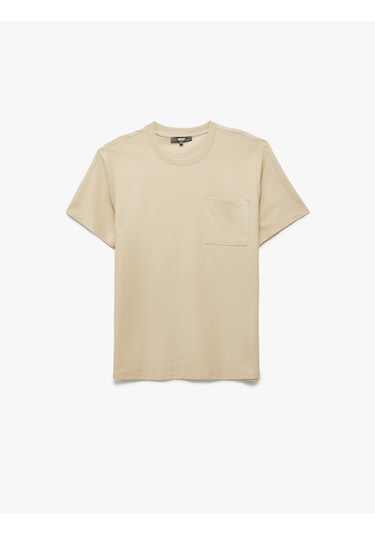 Koton Regular Fit Kısa Kollu Pamuklu Cep Detaylı Bisiklet Yaka Basic Tişört Bej 6wam10070hk Ekru