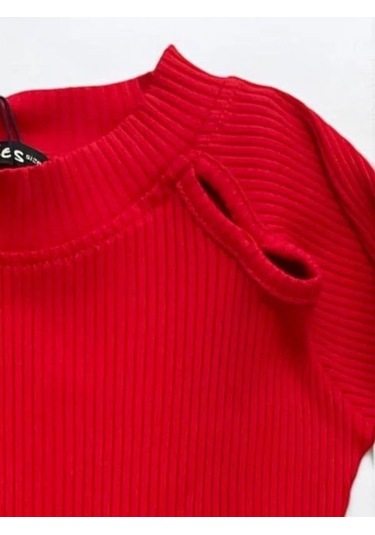 Kız Çocuk Yarım Balıkçı Yaka Detaylı Fitilli Bluz-14344 Kırmızı