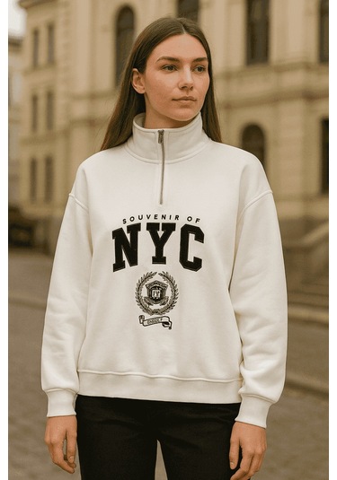 Önü Fermuarlı Nyc Baskılı Sweat Ekru