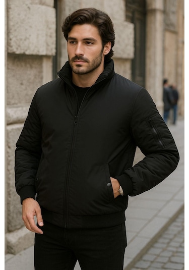 Erkek Astarlı Dik Yaka Mevsimlik Cepli Su Ve Rüzgar Geçirmez Mont Siyah