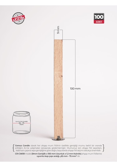 Ahşap Mum Fitili 9 Mm Genişlik Nikel Kaplama Çelik Taban, 3m Köpük Bantlı, 100 Lü Set Ahşap